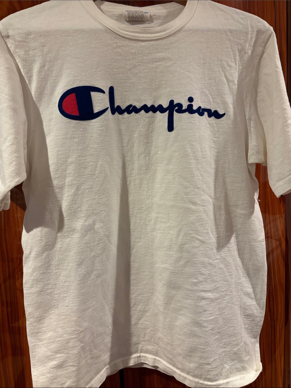 Champion White Short-Sleeve Tee with Navy Script and Red Accent